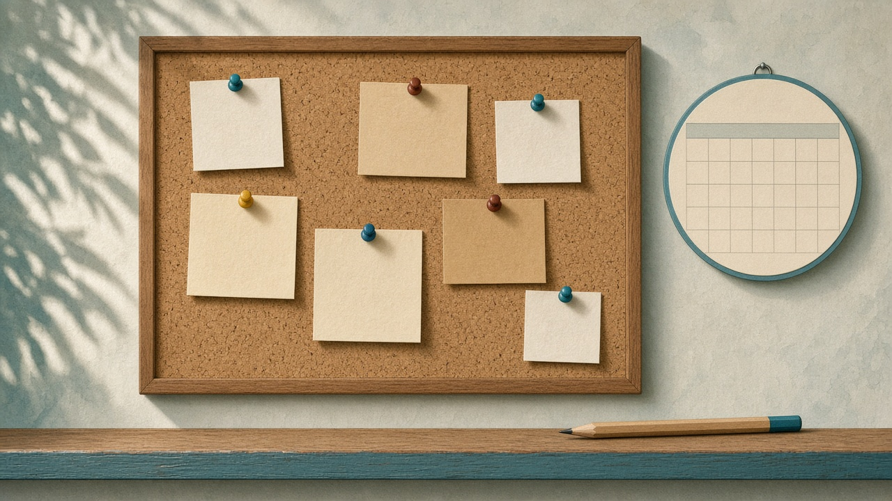 A cork board of blank notes beside an empty calendar