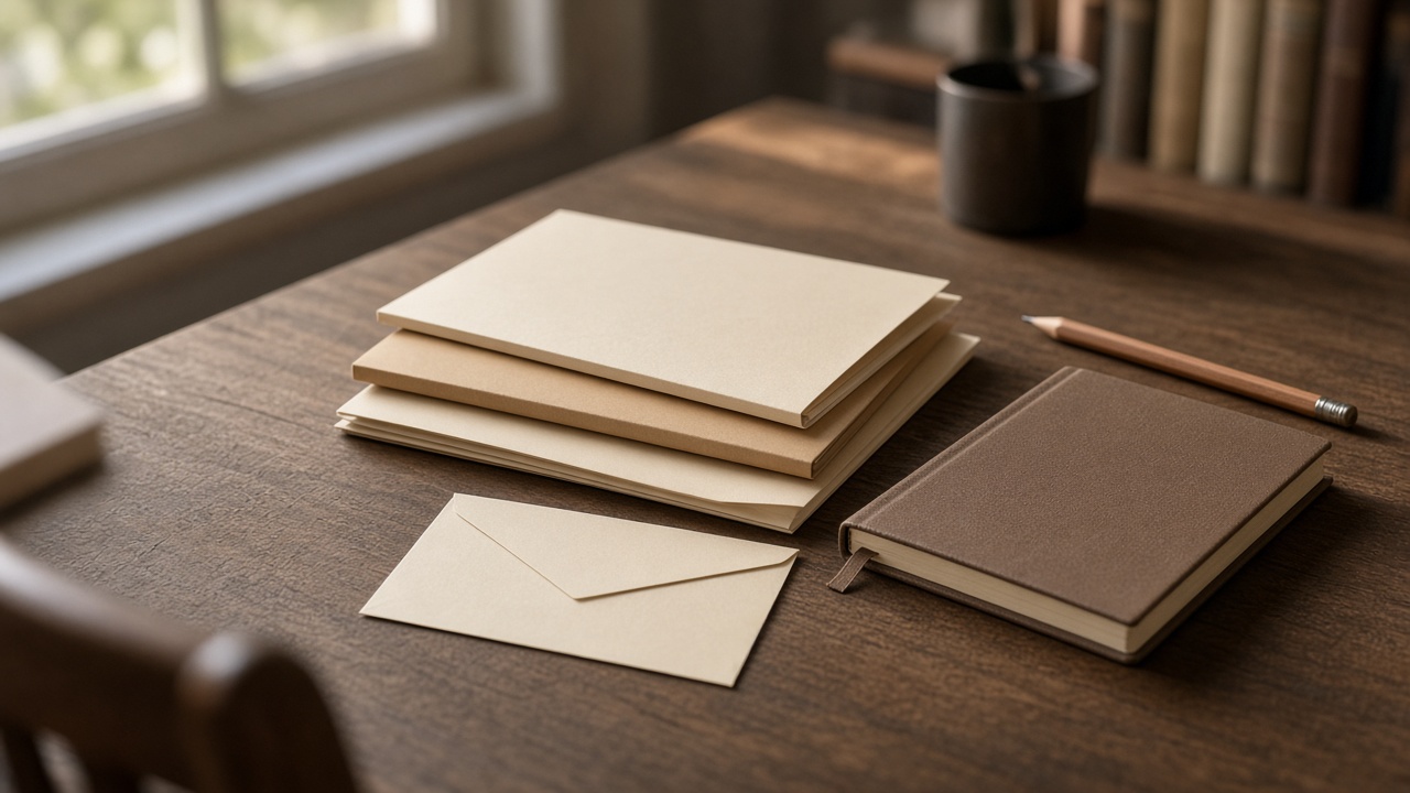 Closed folders, a blank envelope, and a notebook on a wooden desk
