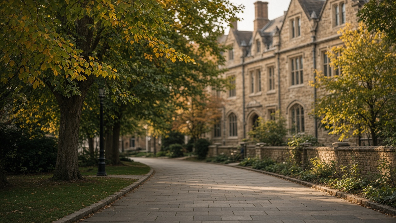 A stone campus building and an empty walkway under autumn trees
