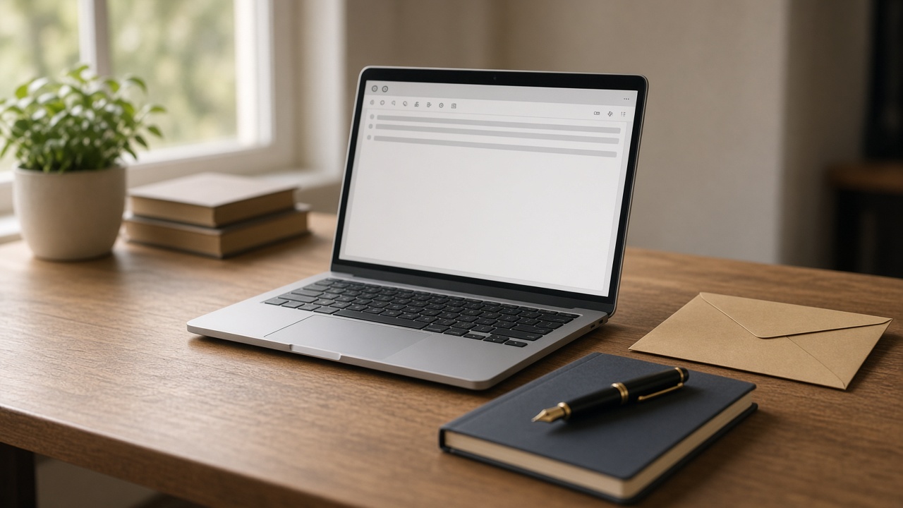 Open laptop with an empty email draft, notebook, and envelope on a wooden desk