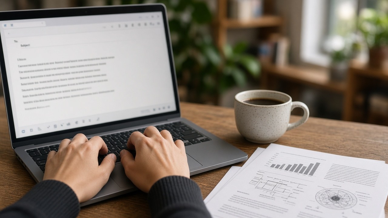 Hands drafting a short email beside a research paper