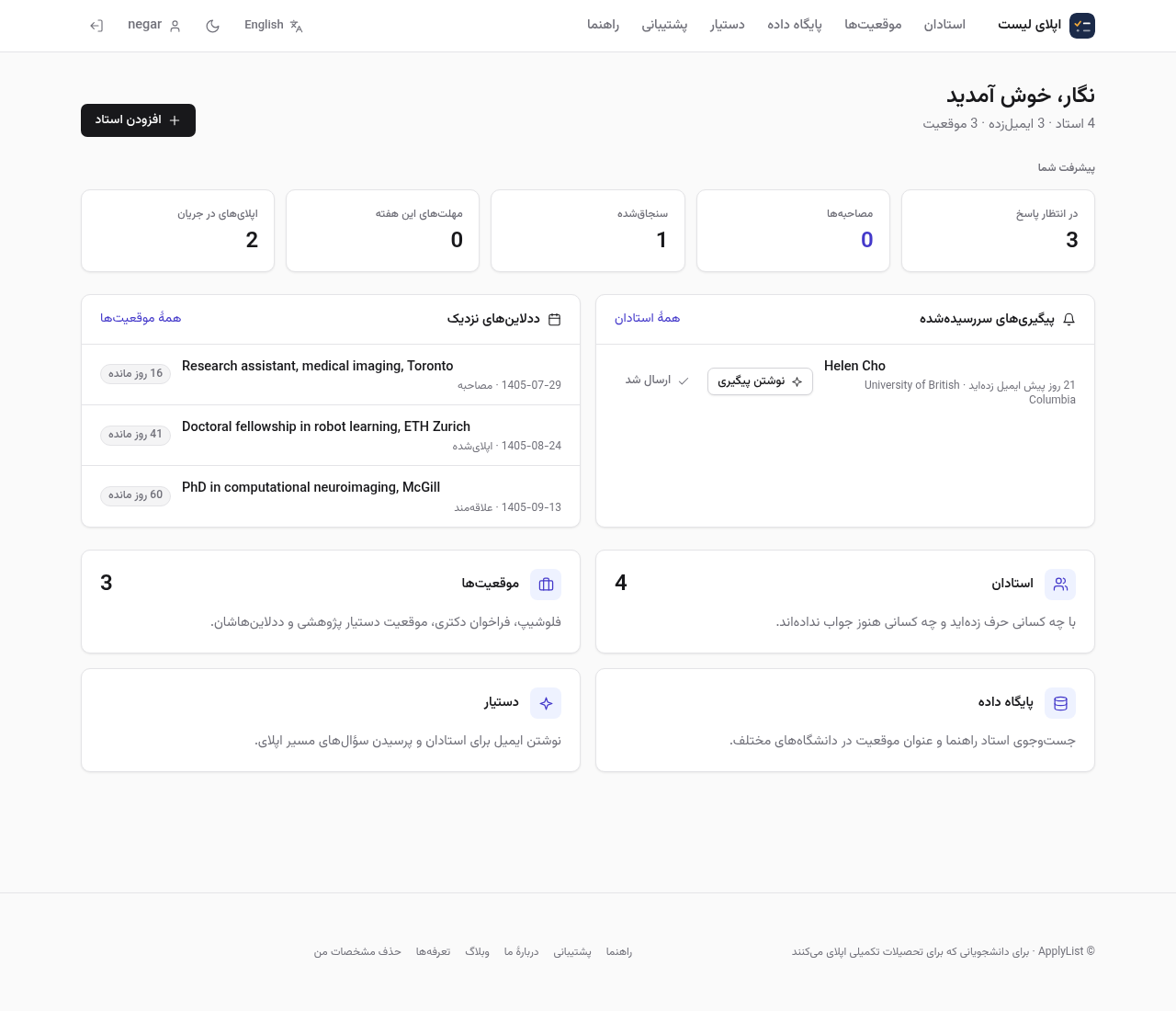 Persian dashboard, with counts, a getting-started list, and upcoming deadlines