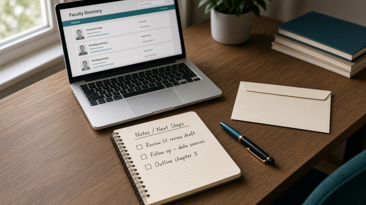 A quiet desk with a laptop open to a faculty directory and a short checklist