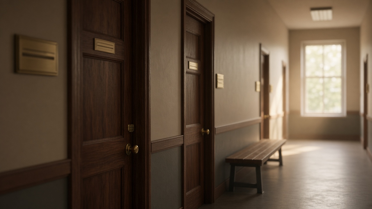 Quiet faculty hallway with closed office doors and a bench