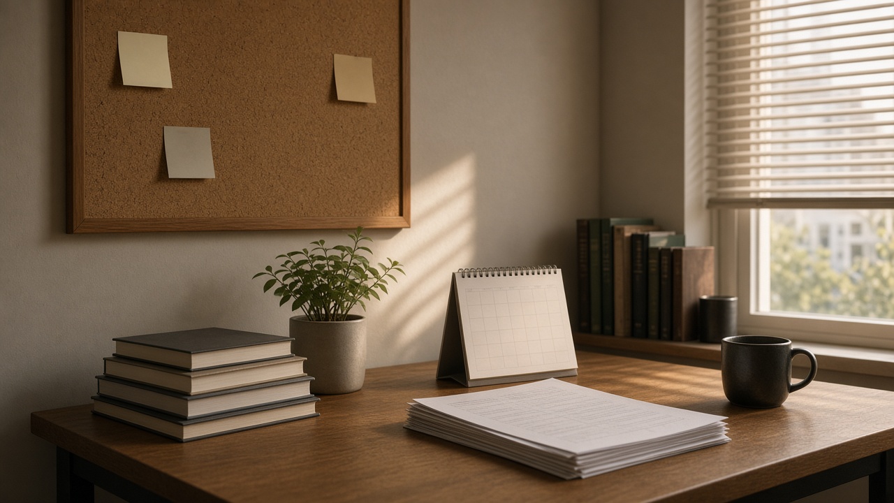 Quiet faculty office corner with cork board, calendar, and stacked papers