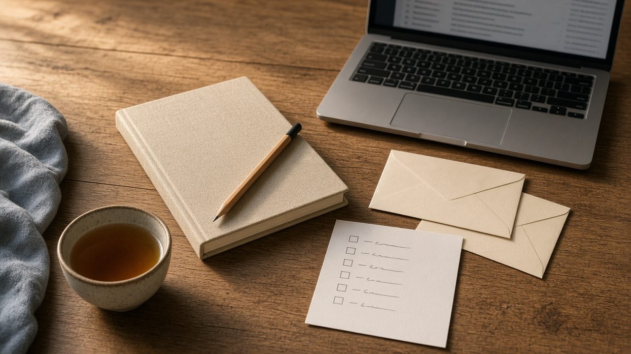 A desk with a laptop, two envelopes, and a short checklist