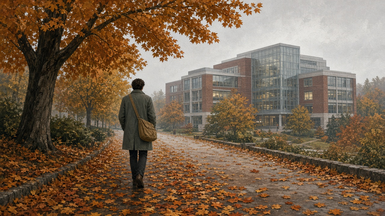 An autumn path toward a university building, seen from behind one student