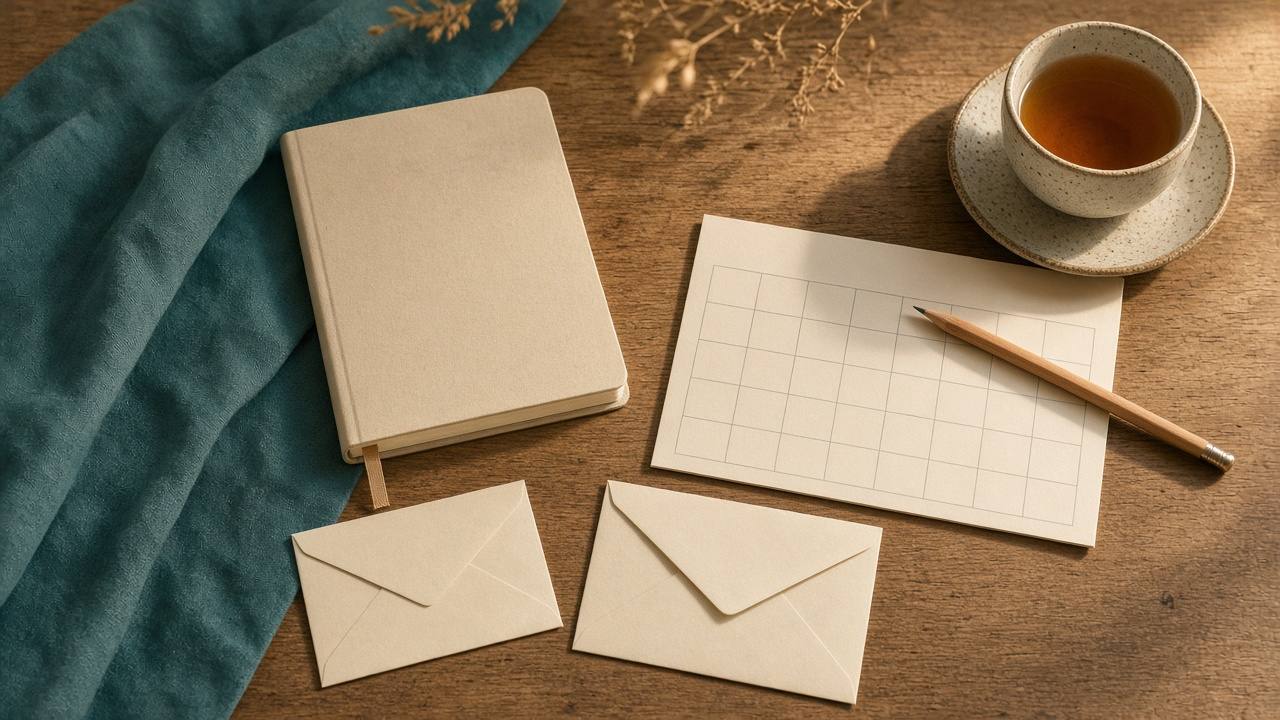 A quiet desk with a blank notebook, empty envelopes, and a paper calendar