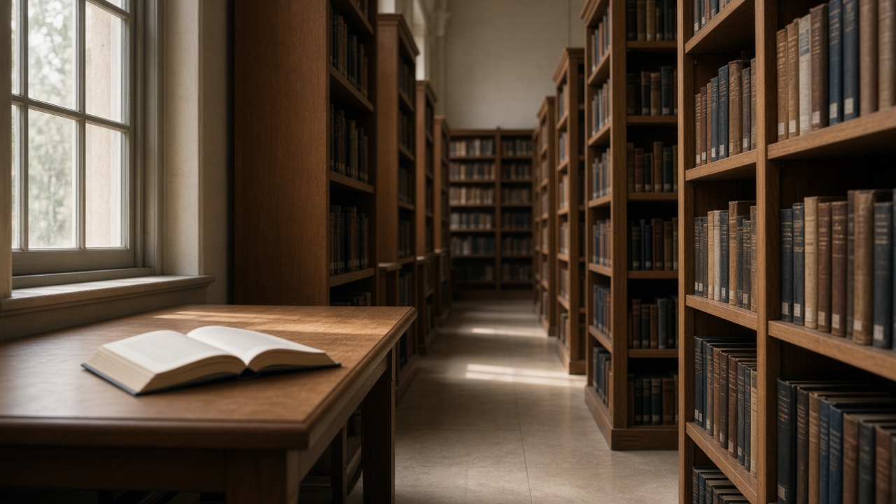 An empty library aisle, with one book open on a table by the window