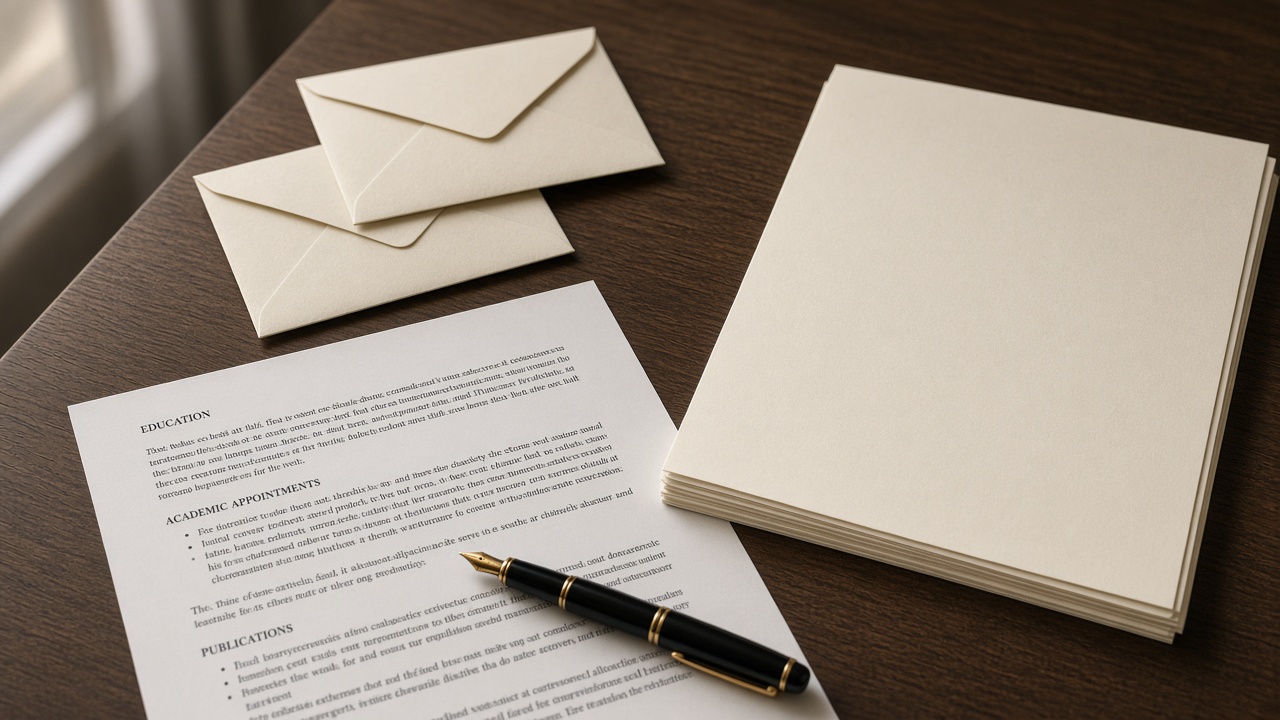 Sealed envelopes, a pen, and application papers on a wooden desk