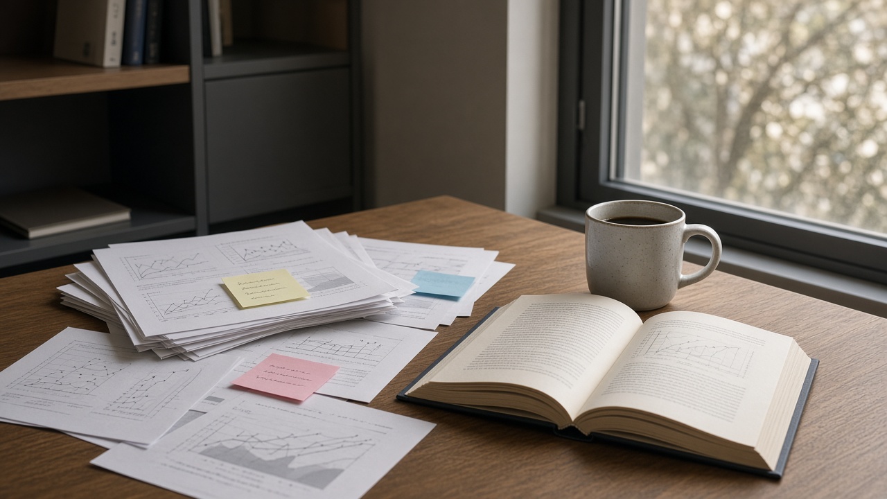 Printed research notes, sticky markers, and an open methods book beside a window