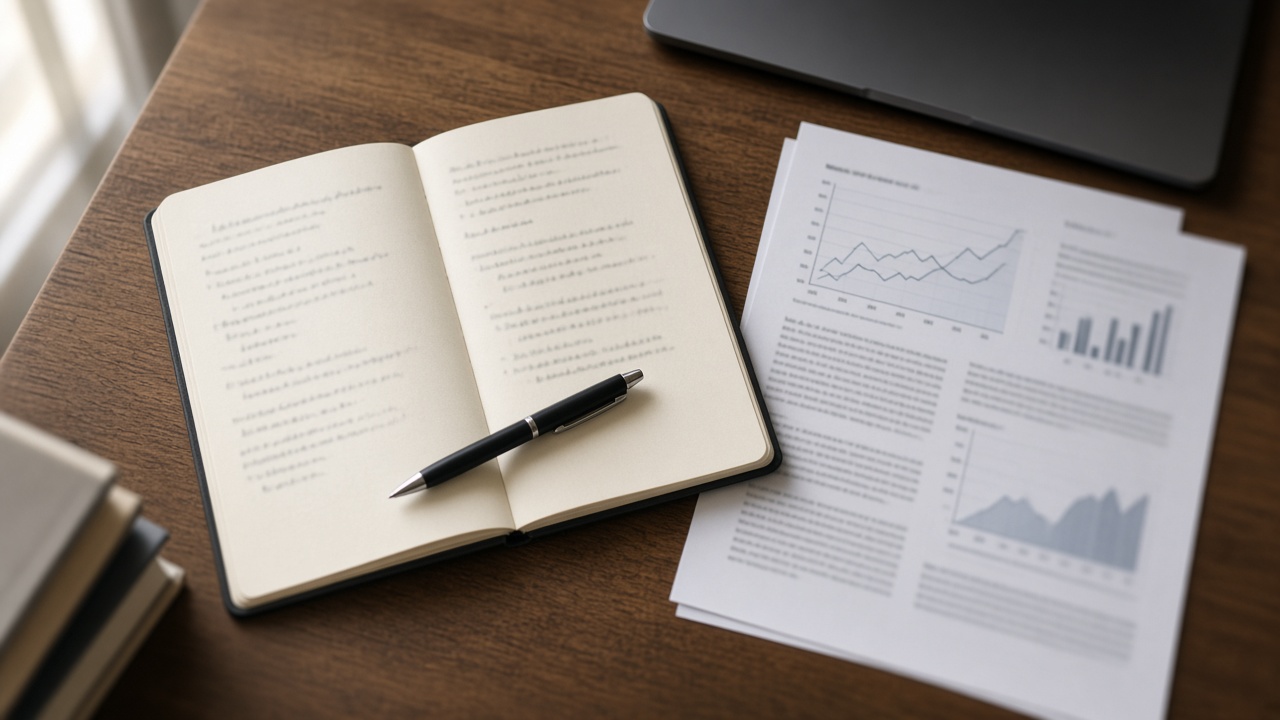 Open research notebook, printed papers, and a pen on a warm wooden desk