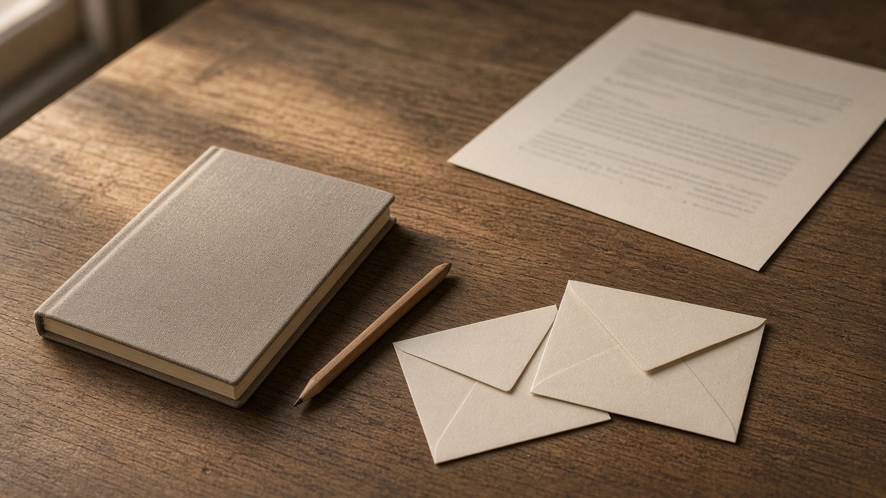 A desk with a closed notebook, a pencil, blank envelopes, and a page turned aside
